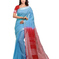 Electric Blue & Red women's Handloom Bhagalpuri Cotton Slub Blend Two Dye Saree With Running Unstitched Blouse Piece