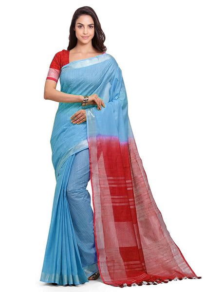 Electric Blue & Red women's Handloom Bhagalpuri Cotton Slub Blend Two Dye Saree With Running Unstitched Blouse Piece