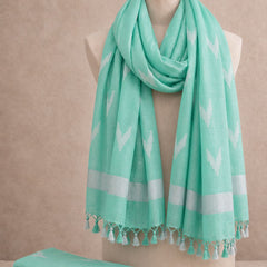 Linen Cotton Blend Zari Weaving Handloom Ikkat Dupatta (300093 Turquoise)