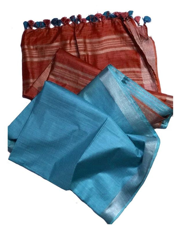 Maroon & Capri Cyan Bhagalpuri women's Ethnic Wear Handloom Linen Cotton Blend Zari Border Two Dye Saree With Running Unstitched Blouse Piece - View 2