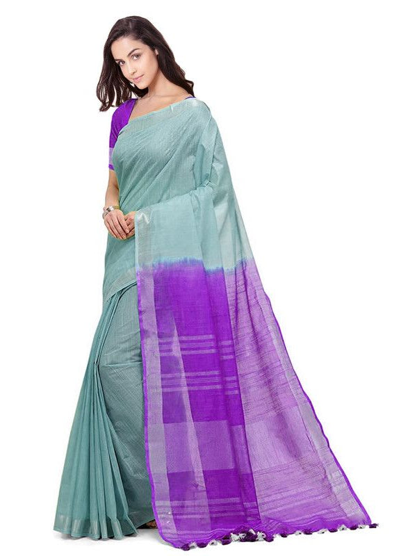 Tifaany Blue & French Violet women's Bhagalpuri Handloom Pure Cotton Two Dye Saree With Running Unstitched Blouse Piece - View 2