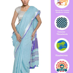 Photo Blue-Blue women's Bhagalpuri Handloom Cotton Linen Blend Contrast Pallu Saree And Unstitched Contrast Blouse Piece