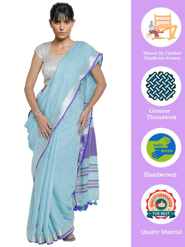 Photo Blue-Blue women's Bhagalpuri Handloom Cotton Linen Blend Contrast Pallu Saree And Unstitched Contrast Blouse Piece
