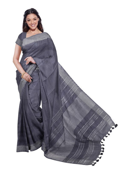 Grey women's Bhagalpuri Handloom Linen Blend Saree And Variation Of Colors With Running Unstiched Blouse Piece - View 4
