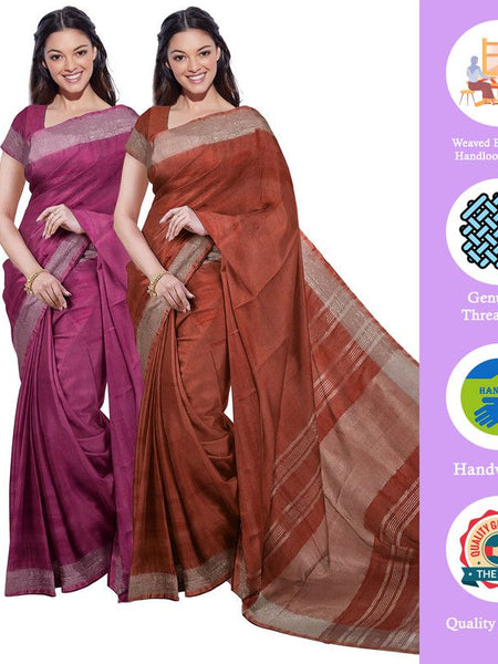 Raspberry Pink & Sienna Orange women's Bhagalpuri Handloom Cotton-Linen Blend Saree Combo (Pack Of 2) With Running Unstiched Blouse Piece