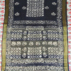 Bhagalpuri Linen Cotton Blend Handloom Batik Print Saree (GLBR_Gold-Black)
