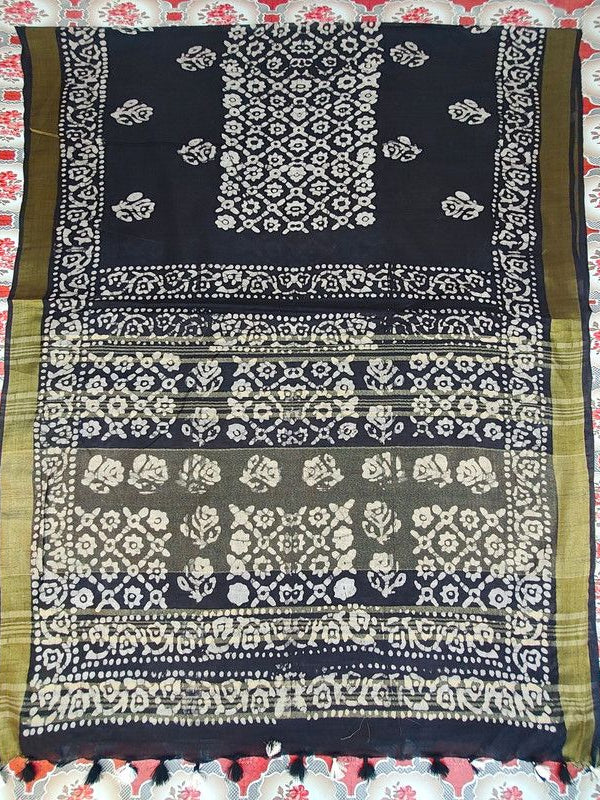 Bhagalpuri Linen Cotton Blend Handloom Batik Print Saree (GLBR_Gold-Black)