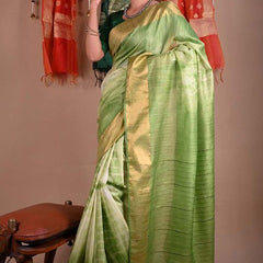 Green Sequins Bhagalpuri Handloom Silk Striped Sibory (Tie-Dye) Saree - View 6