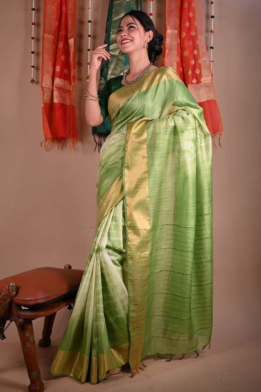 Green Sequins Bhagalpuri Handloom Silk Striped Sibory (Tie-Dye) Saree - View 6