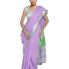 Wisteria Purple-Green women's  Bhagalpuri Handloom Cotton Linen Blend Contrast Pallu Saree And Unstitched Contrast Blouse Piece