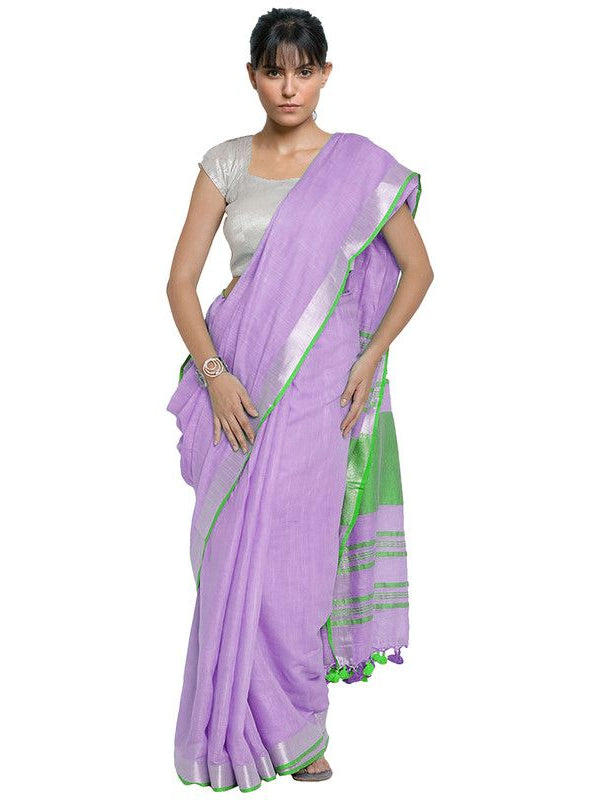 Wisteria Purple-Green women's  Bhagalpuri Handloom Cotton Linen Blend Contrast Pallu Saree And Unstitched Contrast Blouse Piece