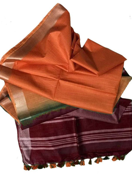 Maroon & Carol Orange Bhagalpuri women's Ethnic Wear Handloom Linen Cotton Blend Zari Border Two Dye Saree With Running Unstitched Blouse Piece - View 4