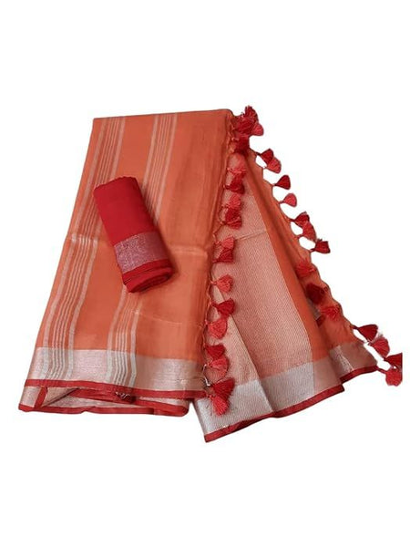 Handloom Bhagalpuri Linen Cotton Blend Contrast Border Saree for Women (12639 Moeja_Orange-Red) - View 2