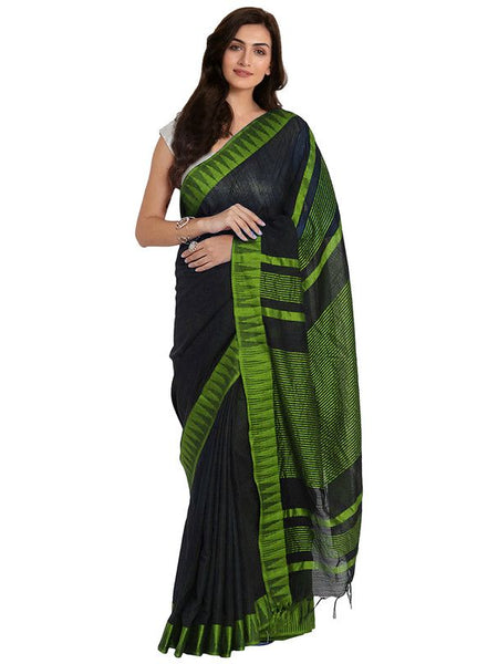 Black-Parrot Green women's Bhagalpuri Handloom Katan Viscous Silk Temple Border Saree Ethnic Wear With Running Unstitched Striped Blouse Piece