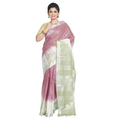 Cordovan Brown & Tea Green women's Bhagalpuri Handloom Cotton Linen Slub Blend Tie Two Dye (Sibory Two Dye) Saree With Running Unstitched Blouse Piece