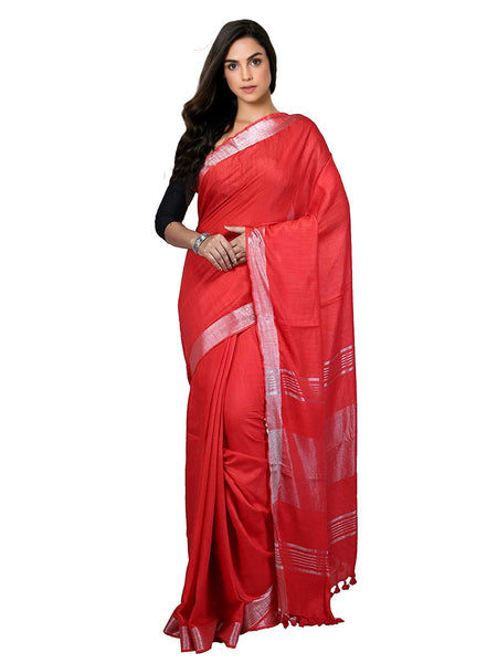 Red Bhagalpuri women's Handloom Linen Cotton Ethnic Wear Saree With Running Unstitched Blouse Piece