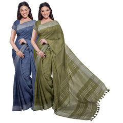 Lake Blue & Moss Green women's Bhagalpuri Handloom Cotton-Linen Blend Saree Combo (Pack Of 2) With Running Unstiched Blouse Piece