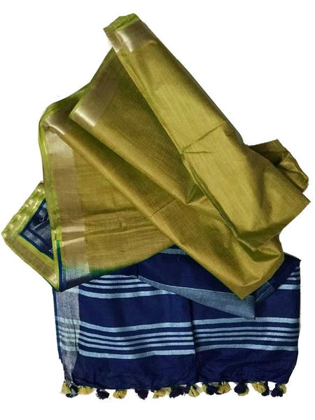 Royal Blue & Pear Green women's Bhagalpuri Ethnic Wear Handloom Cotton Linen Slub Blend Zari Border Two Dye Saree With Running Unstitched Blouse Piece - View 2