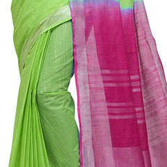 Chartreuse Green & Raspberry Pink women's Bhagalpuri Handloom Linen Cotton Blend Two Dye Saree With Running Unstitched Blouse Piece - View 2