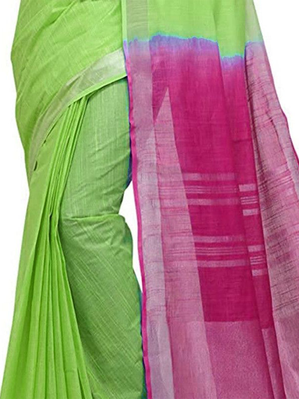 Chartreuse Green & Raspberry Pink women's Bhagalpuri Handloom Linen Cotton Blend Two Dye Saree With Running Unstitched Blouse Piece - View 2