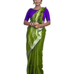 Parrot Green Bhagalpuri Handloom women's Linen Slub Blend Saree With Black Pipin Contrast Blouse Piece