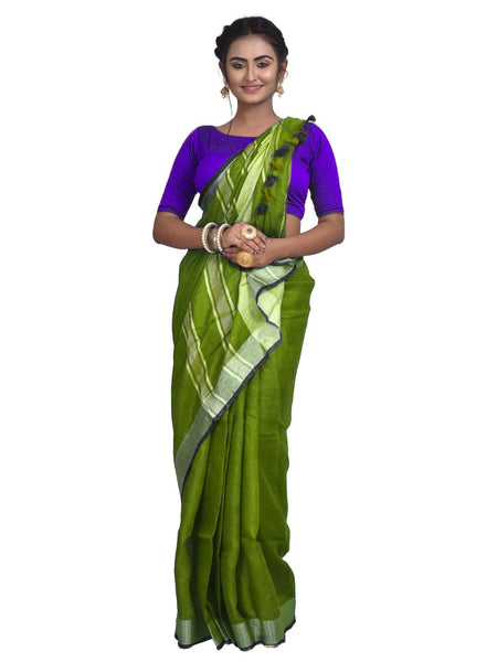 Parrot Green Bhagalpuri Handloom women's Linen Slub Blend Saree With Black Pipin Contrast Blouse Piece