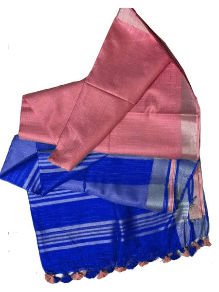 Cyclamen Pink & Duke Blue women's Ethnic Wear Bhagalpuri Handloom Cotton Slub Blend Two Dye Saree With Running Unstitched Blouse Piece - View 5