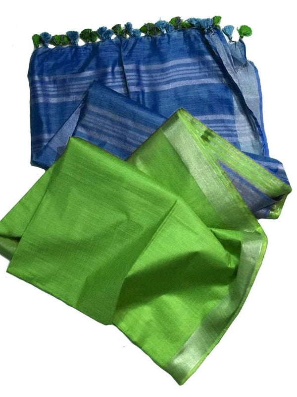 Cerulean Cyan & Green women's Ethnic Wear Bhagalpuri Handloom Cotton Linen Blend Two Dye Saree With Running Unstitched Blouse Piece - View 7