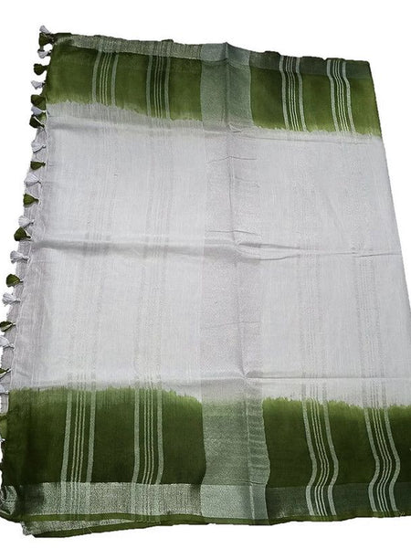 Avocado Green women's Handloom Bhagalpuri Linen Cotton Slub Blend Two Sided Two Dye Saree Running Unstitched Blouse Piece - View 2