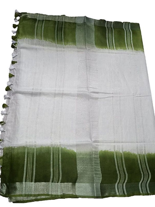Avocado Green women's Handloom Bhagalpuri Linen Cotton Slub Blend Two Sided Two Dye Saree Running Unstitched Blouse Piece - View 2
