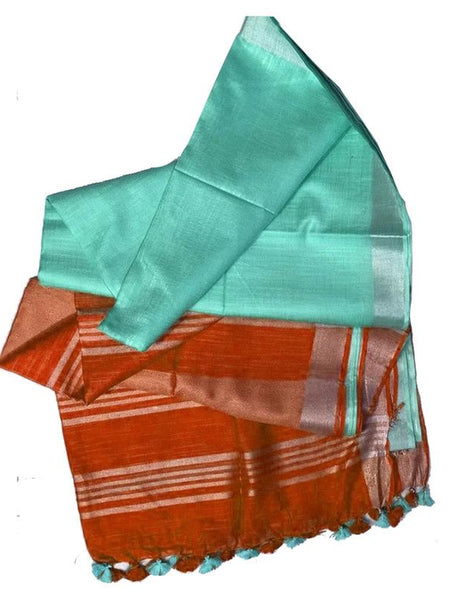 Mohangni Orange & Turquoise Bhagalpuri women's Ethnic Wear Handloom Linen Cotton Blend Zari Border Two Dye Saree With Running Unstitched Blouse Piece