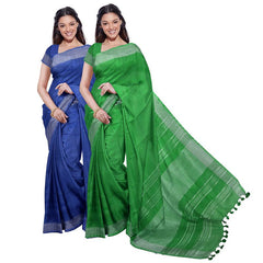 Cobalt Blue & Pigment Green women's Bhagalpuri Handloom Cotton-Linen Blend Saree Combo (Pack Of 2) With Running Unstiched Blouse Piece