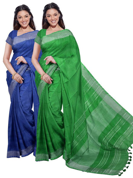 Cobalt Blue & Pigment Green women's Bhagalpuri Handloom Cotton-Linen Blend Saree Combo (Pack Of 2) With Running Unstiched Blouse Piece