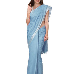 Uranian Blue women's Cotton Slub Saree With Blouse Piece