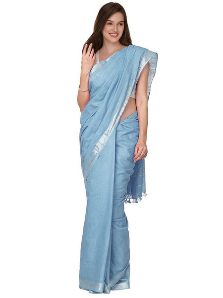 Uranian Blue women's Cotton Slub Saree With Blouse Piece