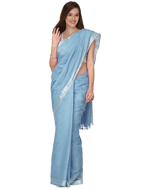 Uranian Blue women's Cotton Slub Saree With Blouse Piece