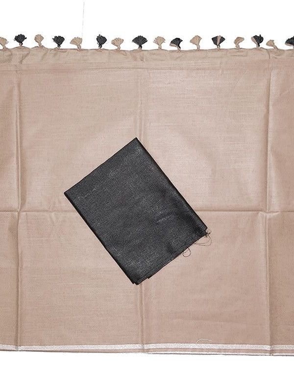 Brown women's Bhagalpuri Blend Linen Saree With Black Pipin Contrast Blouse Piece - View 2