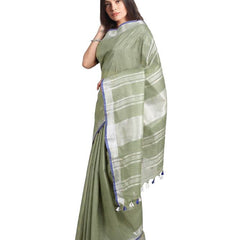 Pistachio Green women's Bhagalpuri Handloom Linen-Slub Saree With Contrast Blouse Piece - View 2