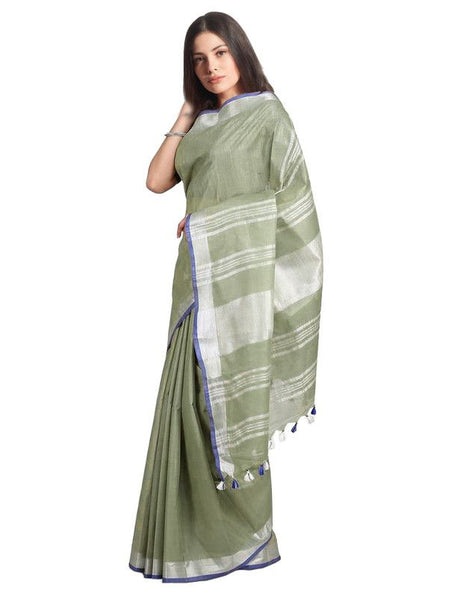 Pistachio Green women's Bhagalpuri Handloom Linen-Slub Saree With Contrast Blouse Piece - View 2