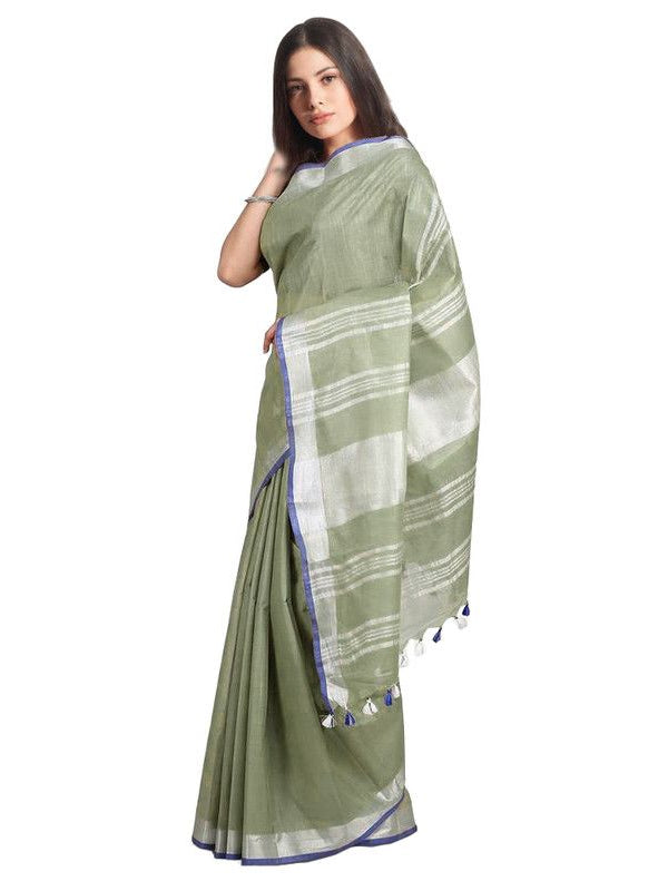 Pistachio Green women's Bhagalpuri Handloom Linen-Slub Saree With Contrast Blouse Piece - View 2