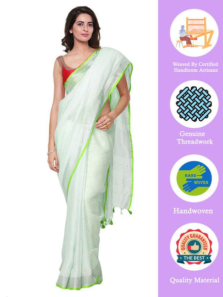 Whte-Green women's Bhagalpuri Handloom Linen Cotton Blend White Saree With Silver Zari Border And Contrast Unstitched Blouse Piece