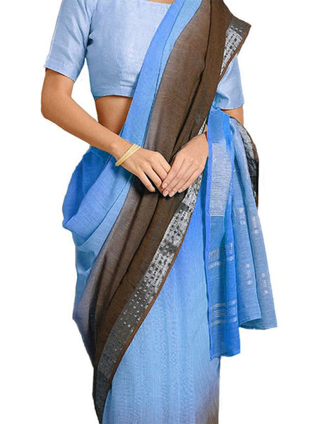 Cyan & Coffee Brown women's Bhagalpuri Handloom Linen Cotton Blend Two Dye Saree With Running Unstitched Blouse Piece - View 4