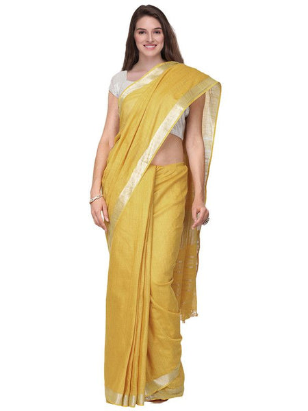 Arylide Yellow women's Handloom Bhagalpuri Cotton Linen Slub Blend Zari Border Saree Ethnic Wear With Running Unstitched Blouse Piece