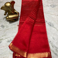 Bhagalpuri Handloom Cotton Silk Check Half Body Saree for women's (Fine_Red)