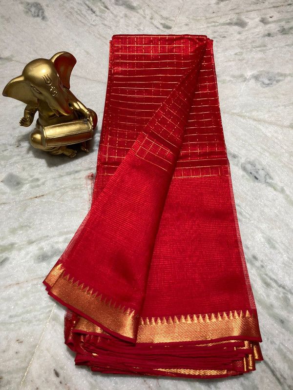 Bhagalpuri Handloom Cotton Silk Check Half Body Saree for women's (Fine_Red)
