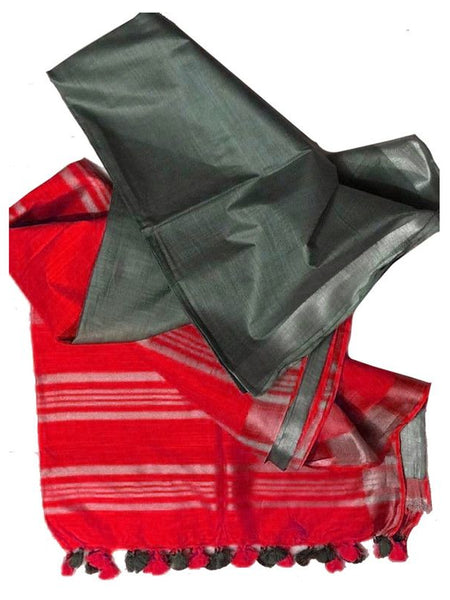 Grey & Red women's Ethnic Wear Bhagalpuri Handloom Linen Slub Blend Two Dye Saree With Running Unstitched Blouse Piece