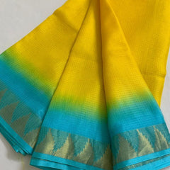 Kota Silk Doriya Organza Net Temple Border Two Dye Saree with Free Blouse Piece(Canary_Yellow & Cyan) - View 6