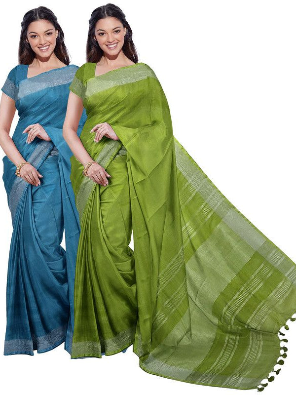 Cerulean Blue & Green women's Bhagalpuri Handloom Cotton-Linen Blend Saree Combo (Pack Of 2) With Running Unstiched Blouse Piece