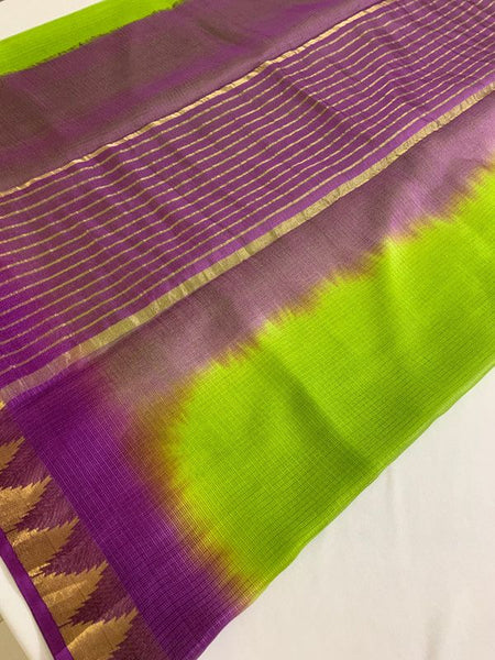 Kota Organza Silk Handloom Two Dye Net Saree with Temple Border (Kelly_Green & Magenta) - View 4