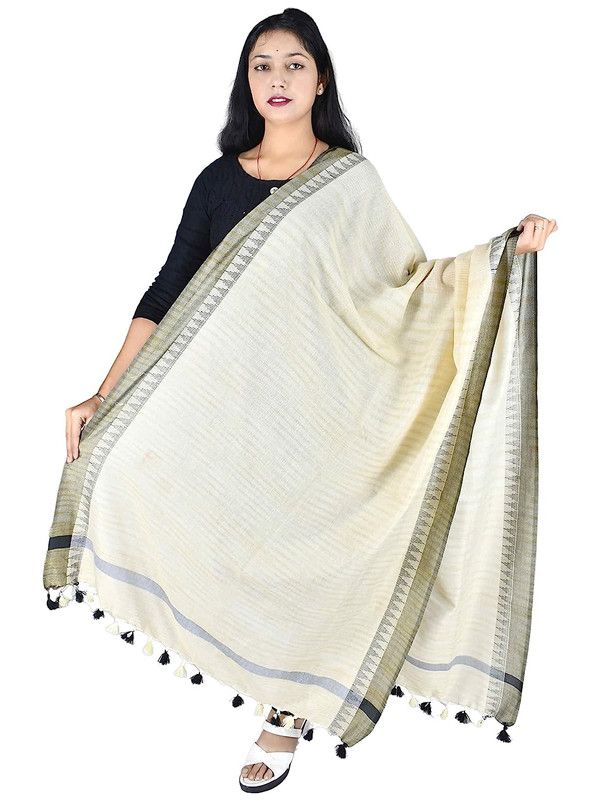Handloom Linen Natural Textured Color Temple Border Dupatta (Black) - View 3